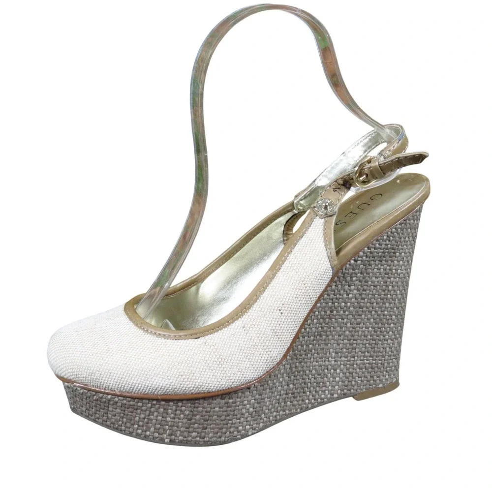 GUESS Idalise2 Women Wedge Sandals Size‎ 8 Summer Platform Beige Canvas Shoes